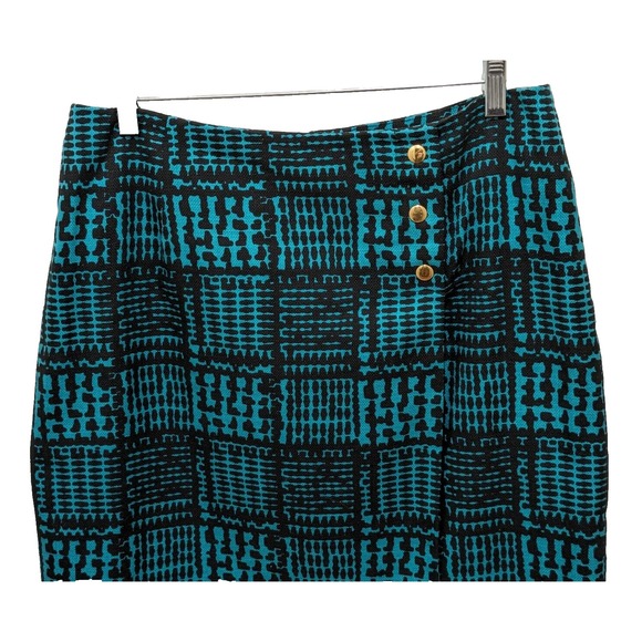 Carlisle Skirt 8 Turquoise Black Abstract Plaid Cotton Lined Dark Academia Prep - Picture 5 of 9